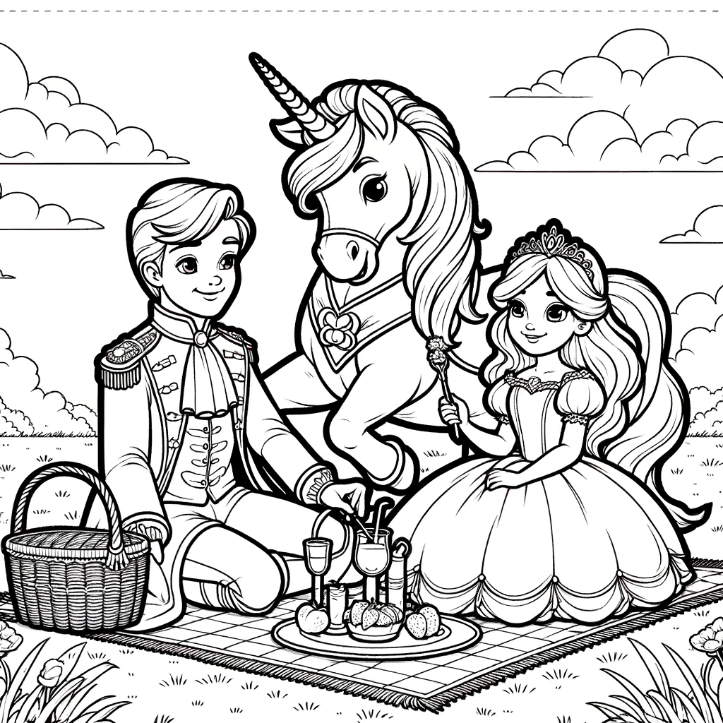 Picnic mágico con princesa, príncipe y unicornio
