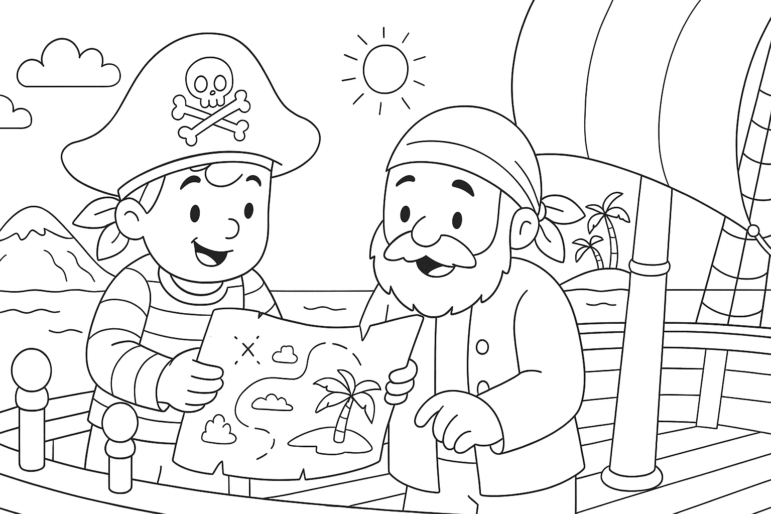 Piratas con mapa del tesoro – página para colorear gratis