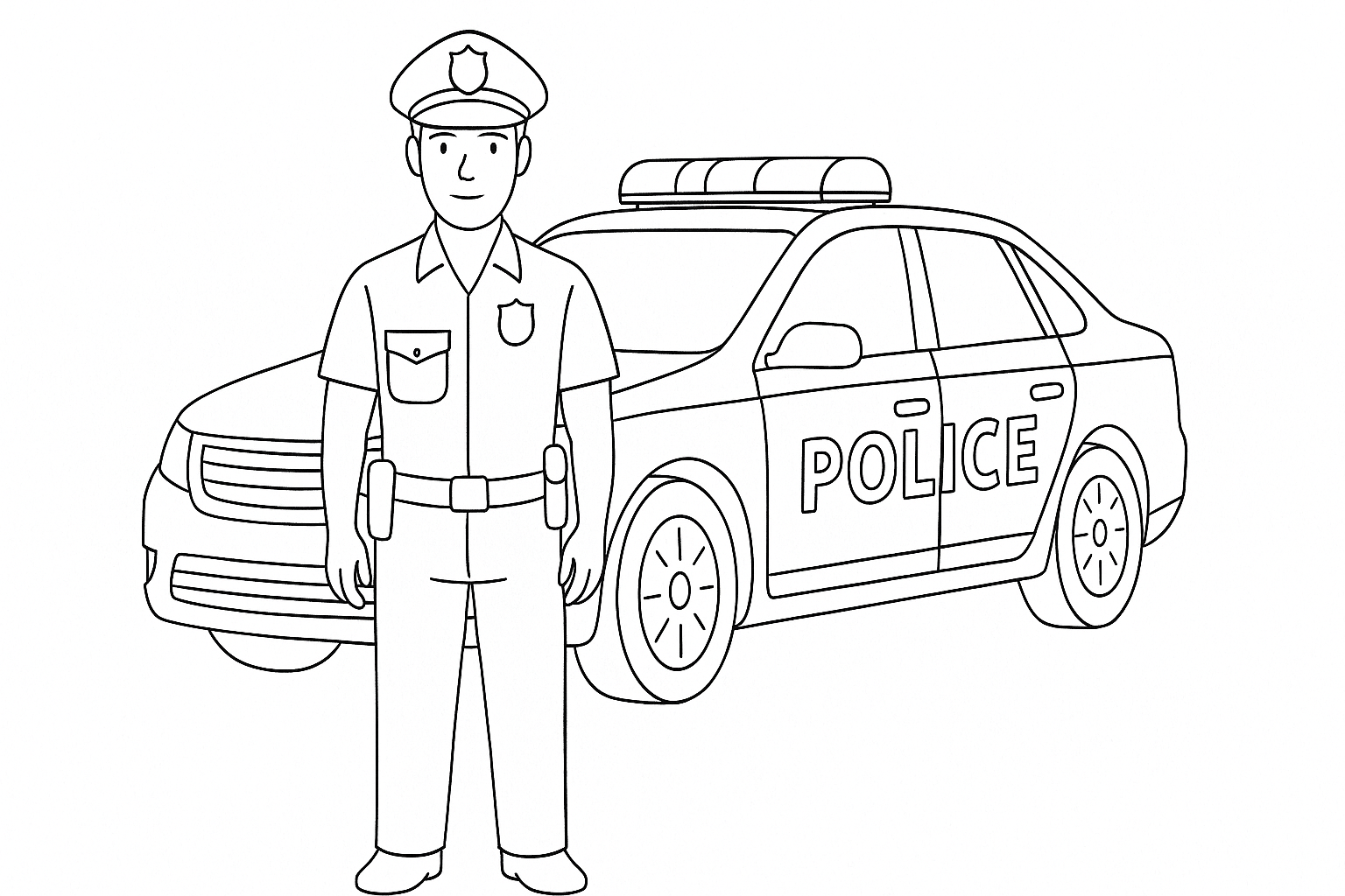 Policía delante del coche patrulla para niños