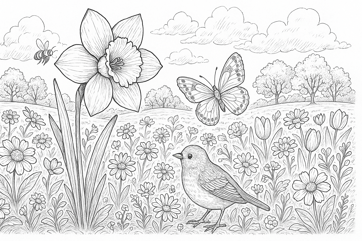 Primavera: flor, mariposa y pájaro – para colorear
