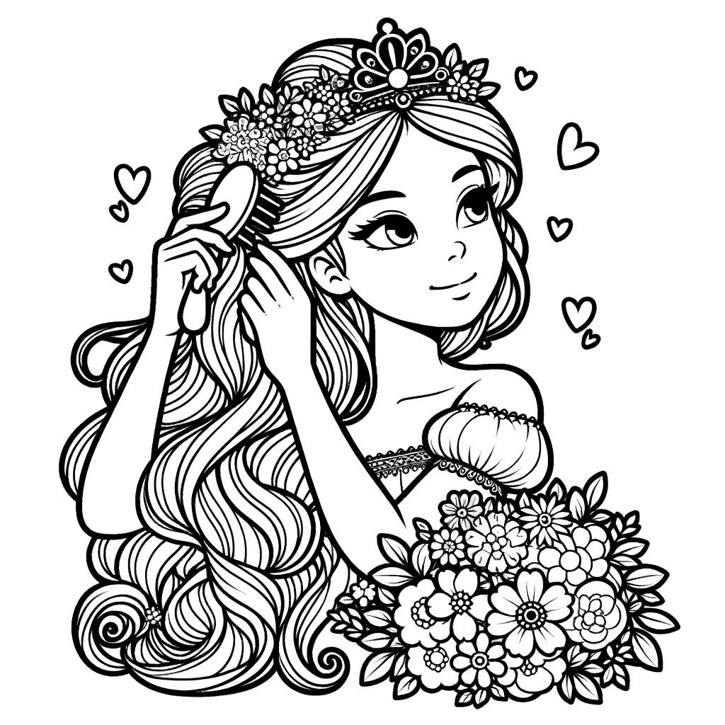 Princesa con adornos florales para el cabello - Diversión para colorear para niños