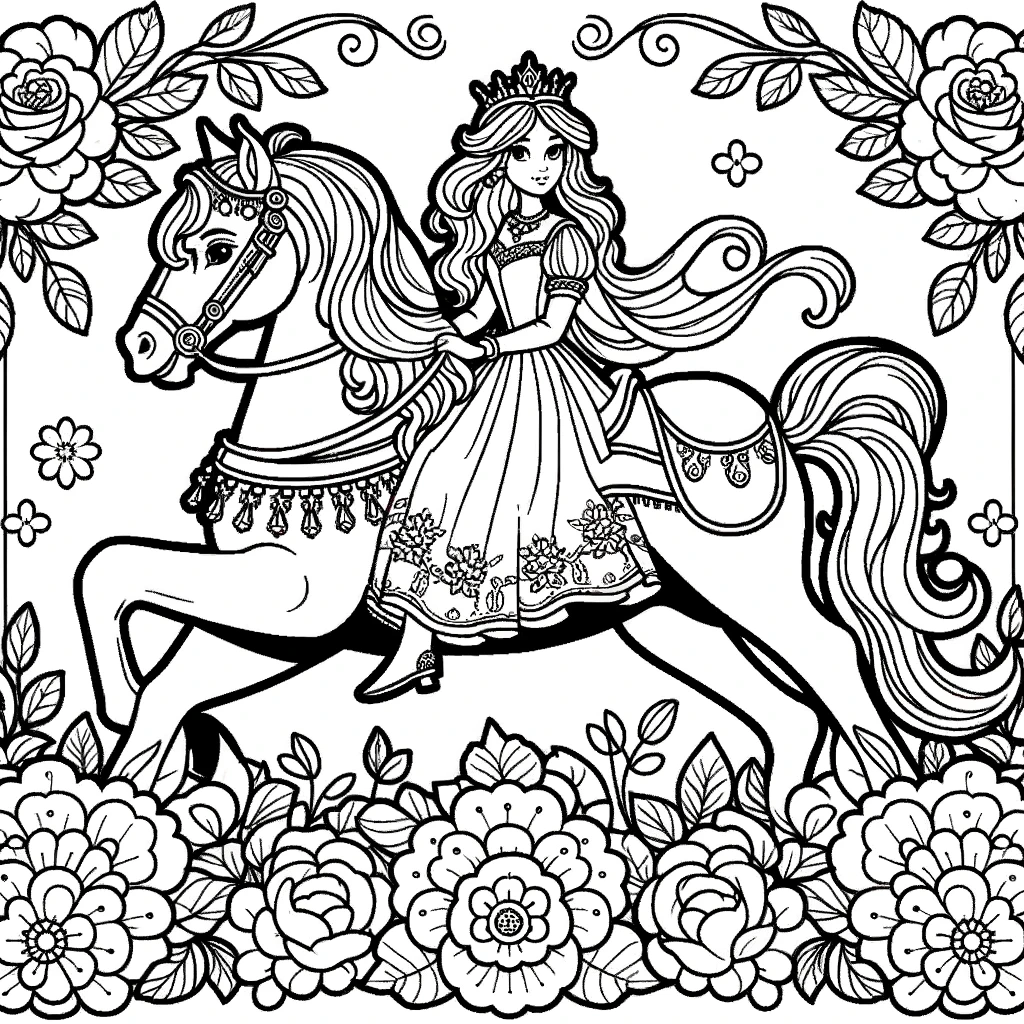 Princesa en caballo con marco de flores - Experiencia de colorear encantadora