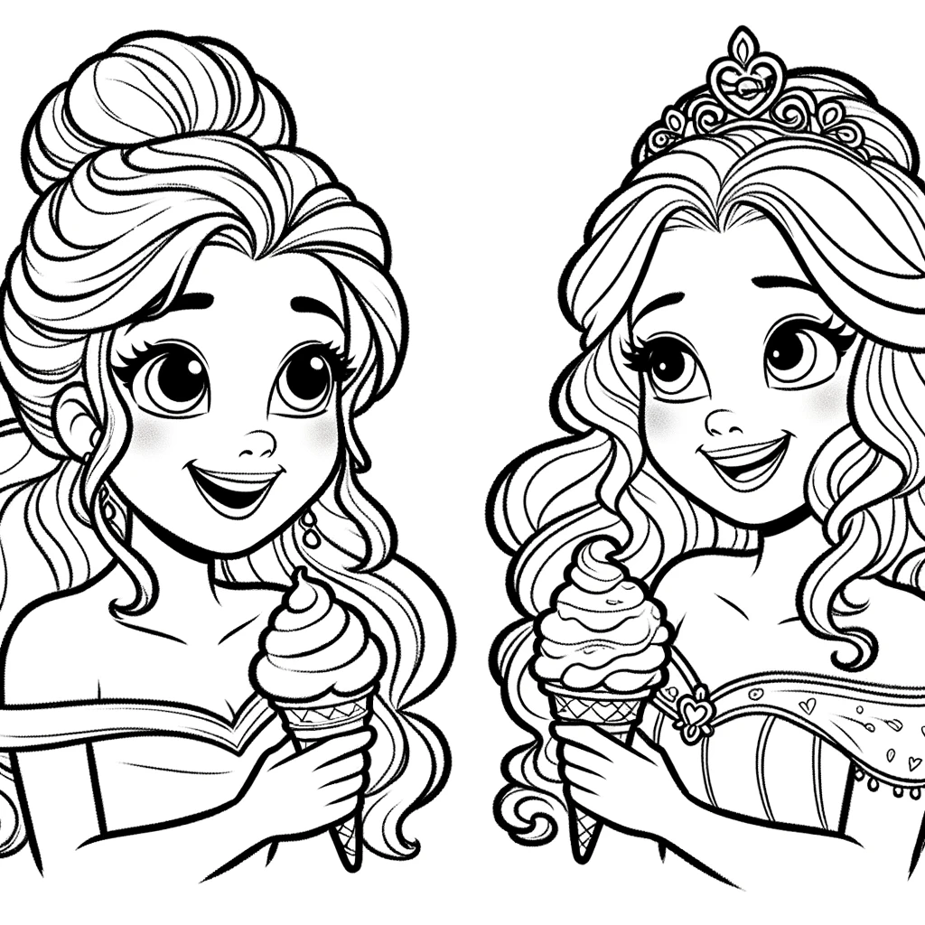 Princesas alegres con helado para diversión desbordante al colorear
