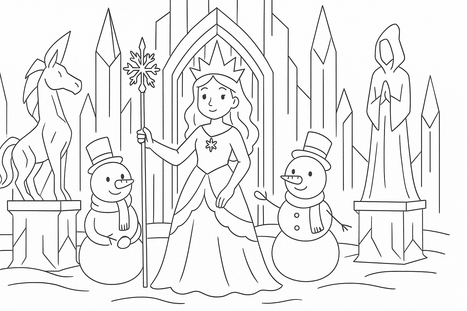 Reina de las nieves con cetro y palacio – para colorear gratis