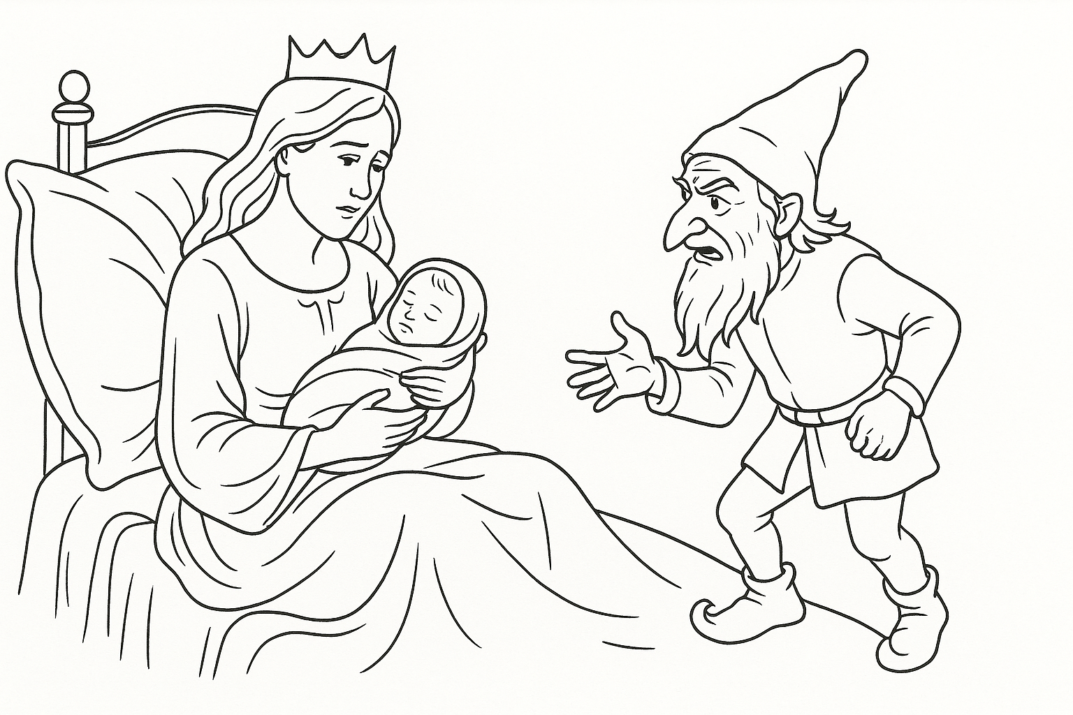 Rumpelstiltskin en el nacimiento del niño – para colorear