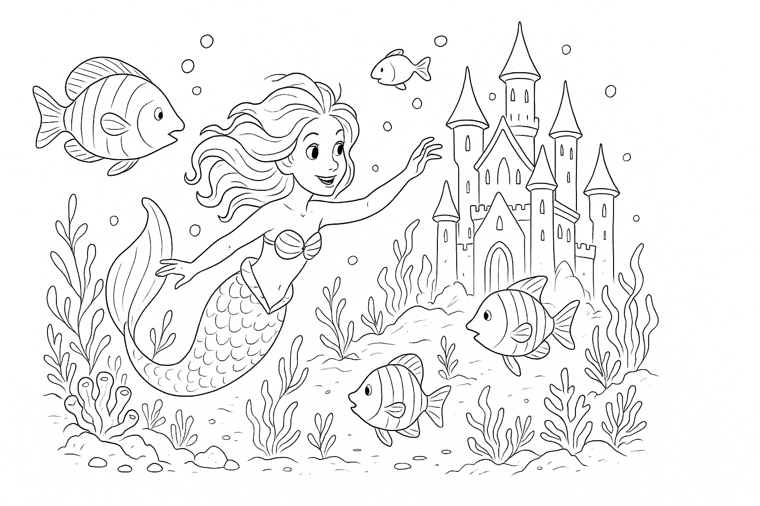 Sirena frente a un castillo – para colorear gratis
