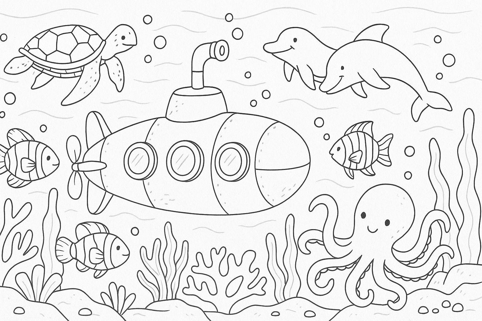 Submarino con animales marinos bajo el agua