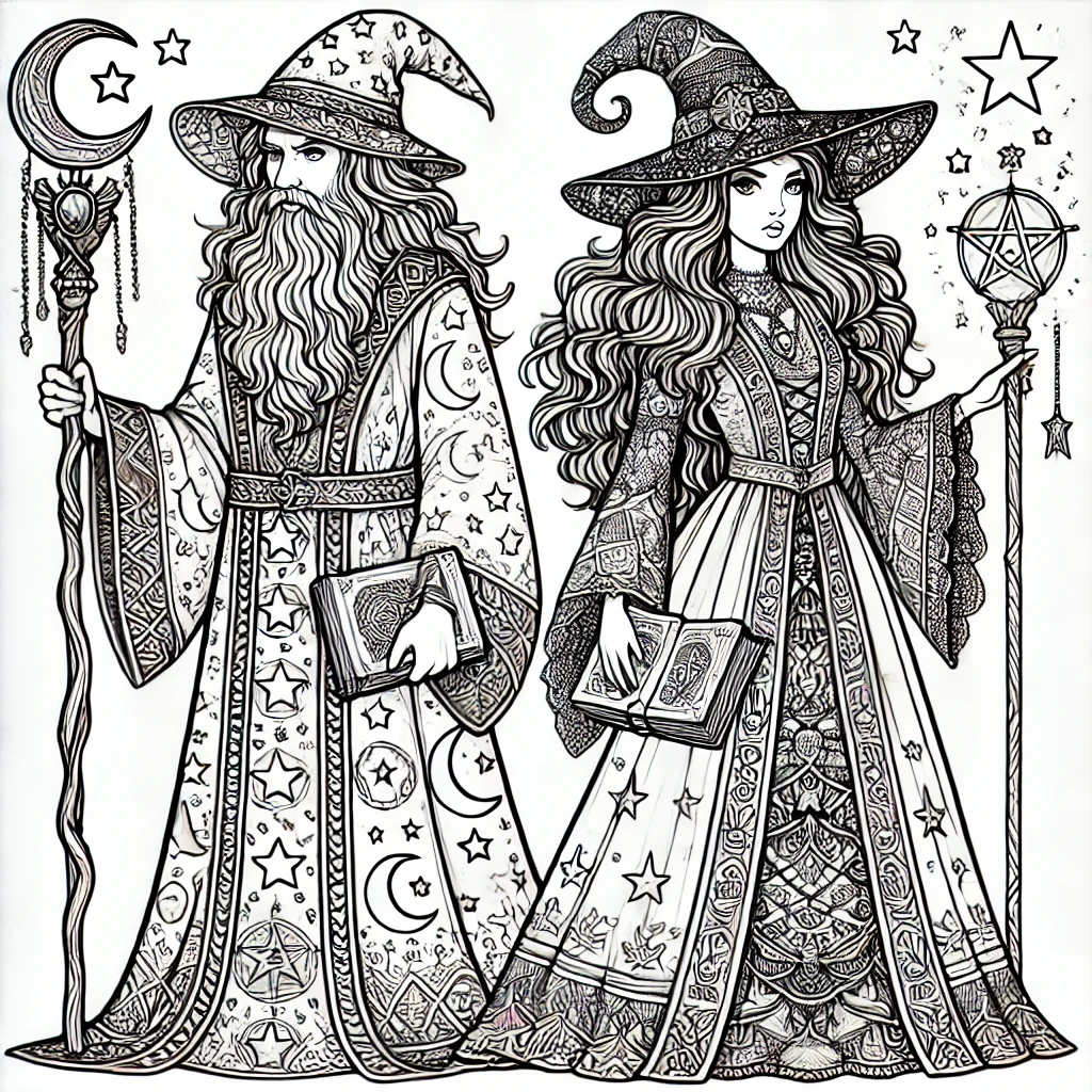 Dúo mágico de mago y bruja para imprimir