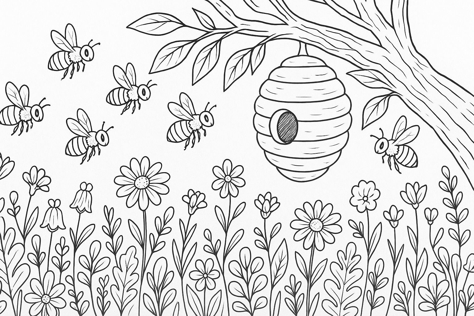 Coloriage abeilles avec ruche et fleurs en été