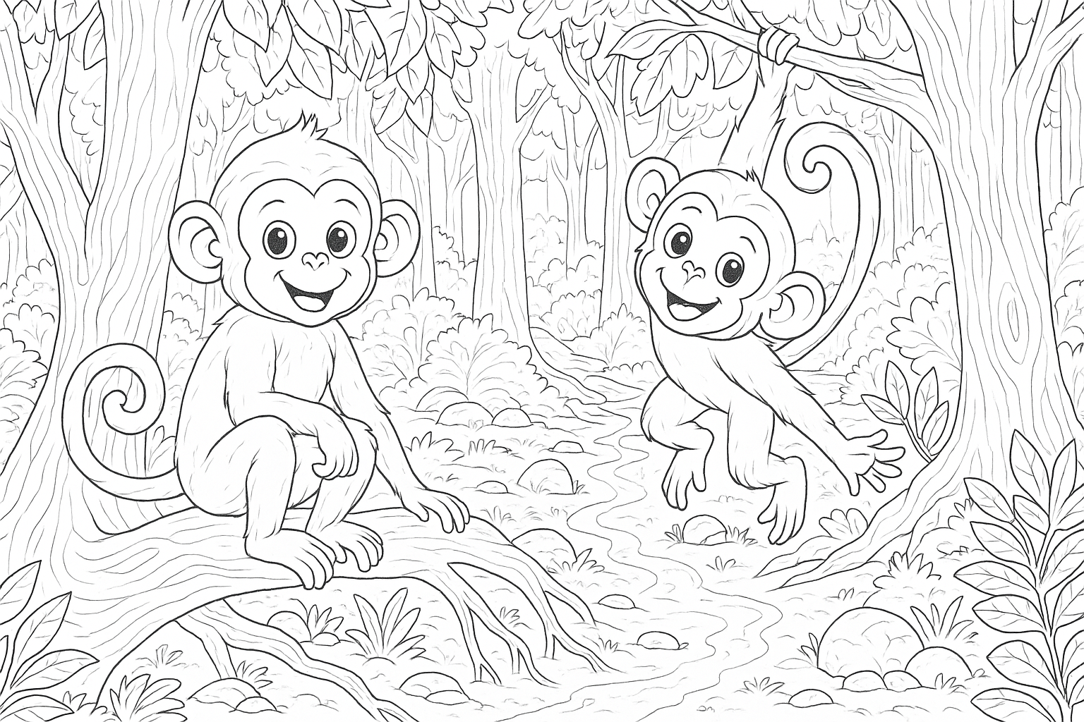 Deux petits singes jouent dans la forêt