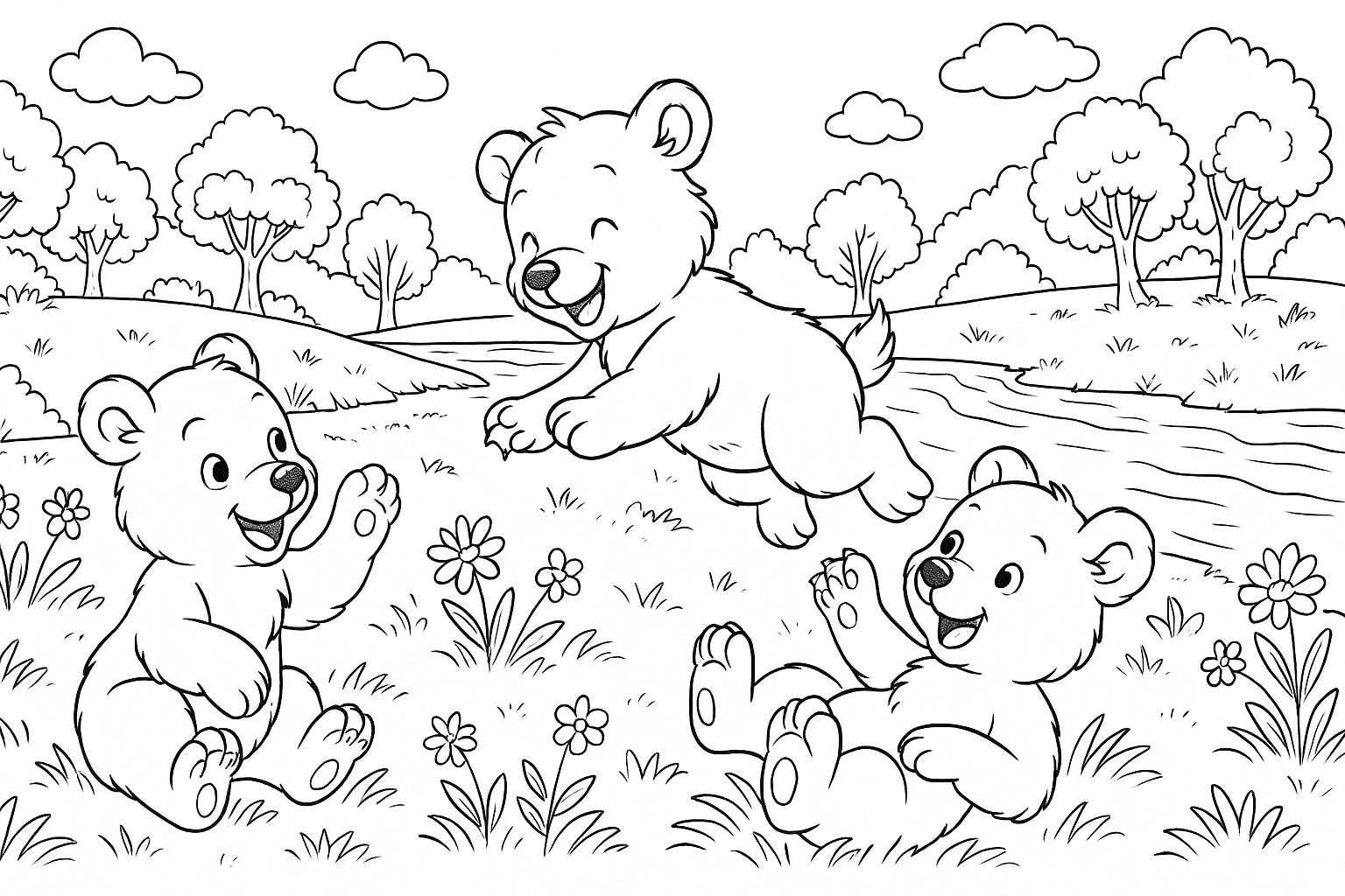 Oursons qui jouent – coloriage PDF gratuit