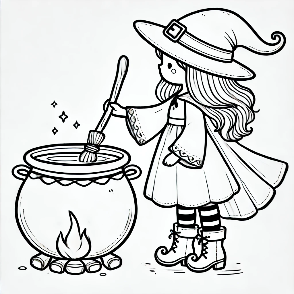Sorcière avec chaudron pour un amusement magique à colorier