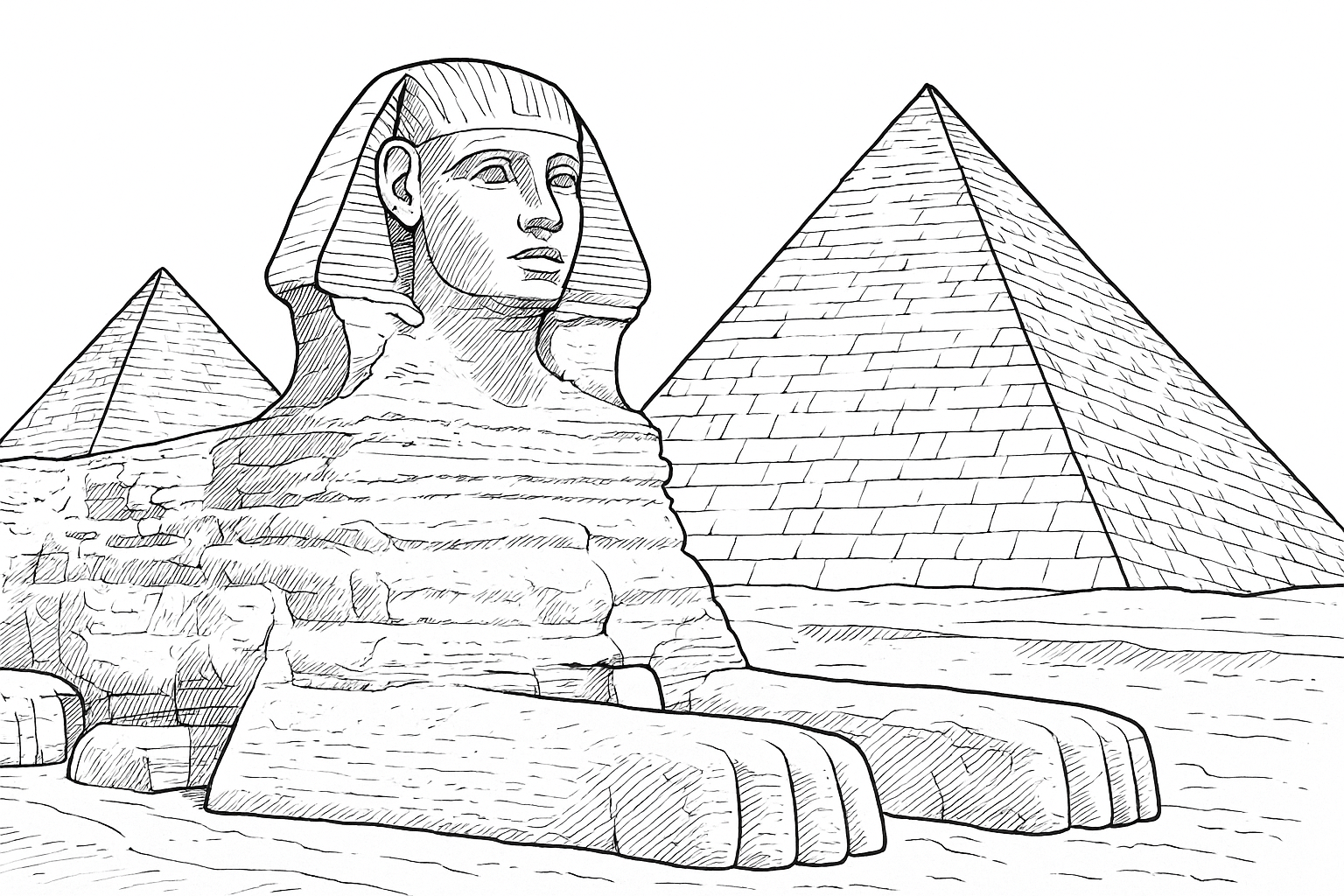 Sphinx devant deux pyramides