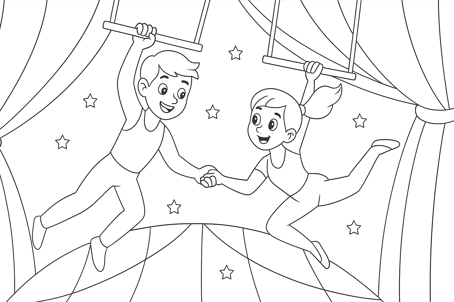 Acrobati al trapezio nel circo