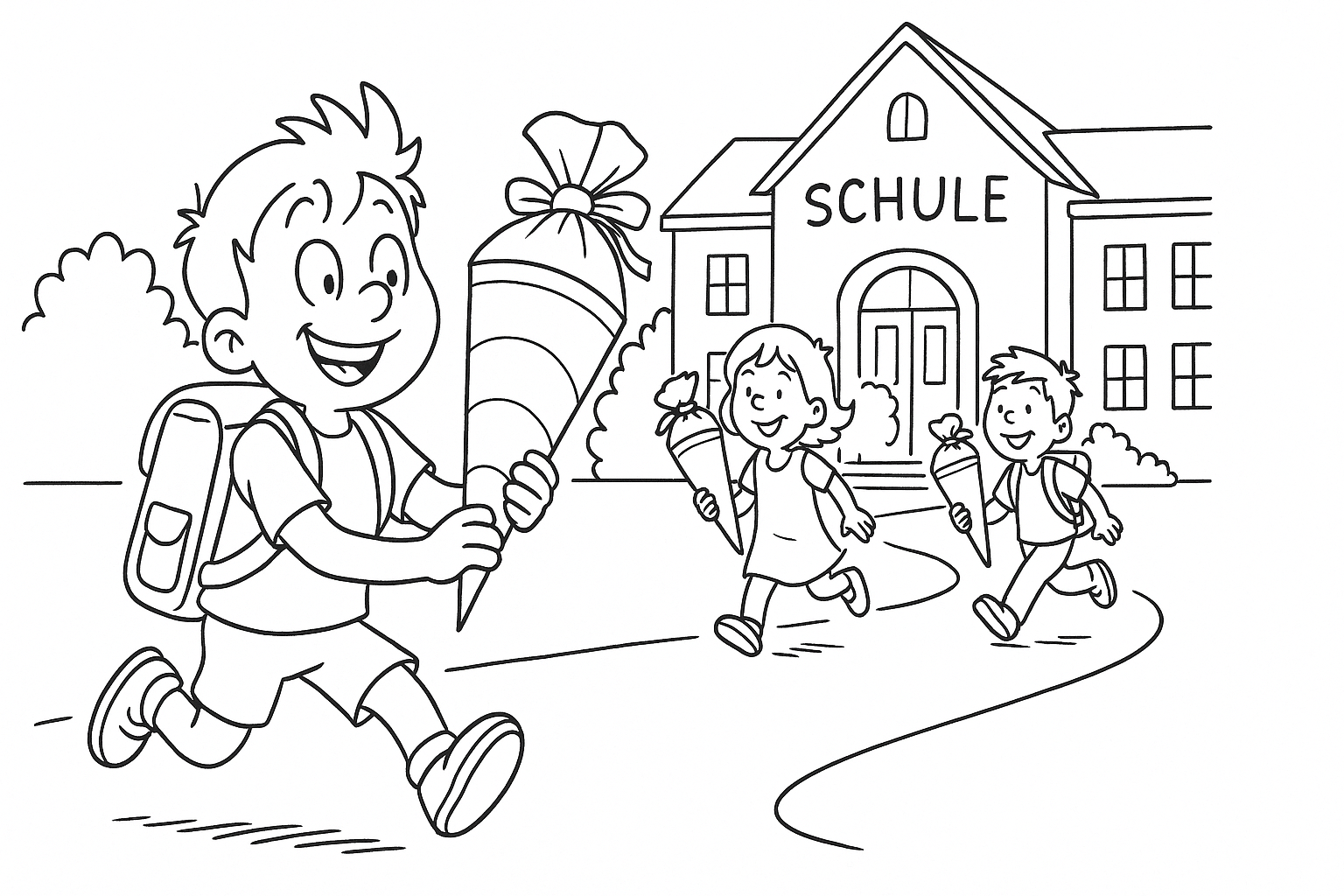 Bambino con cono scolastico davanti alla scuola – disegno gratuito
