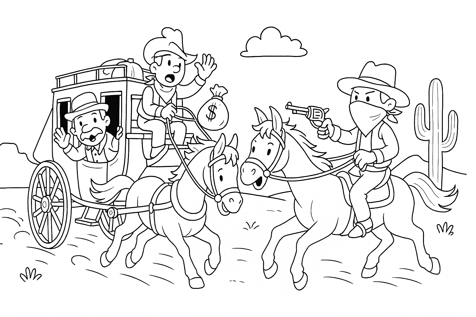 Bandito assalta la diligenza – da colorare con cavaliere