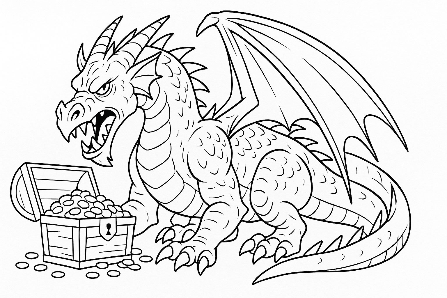 Disegno da colorare drago – modello gratuito con forziere
