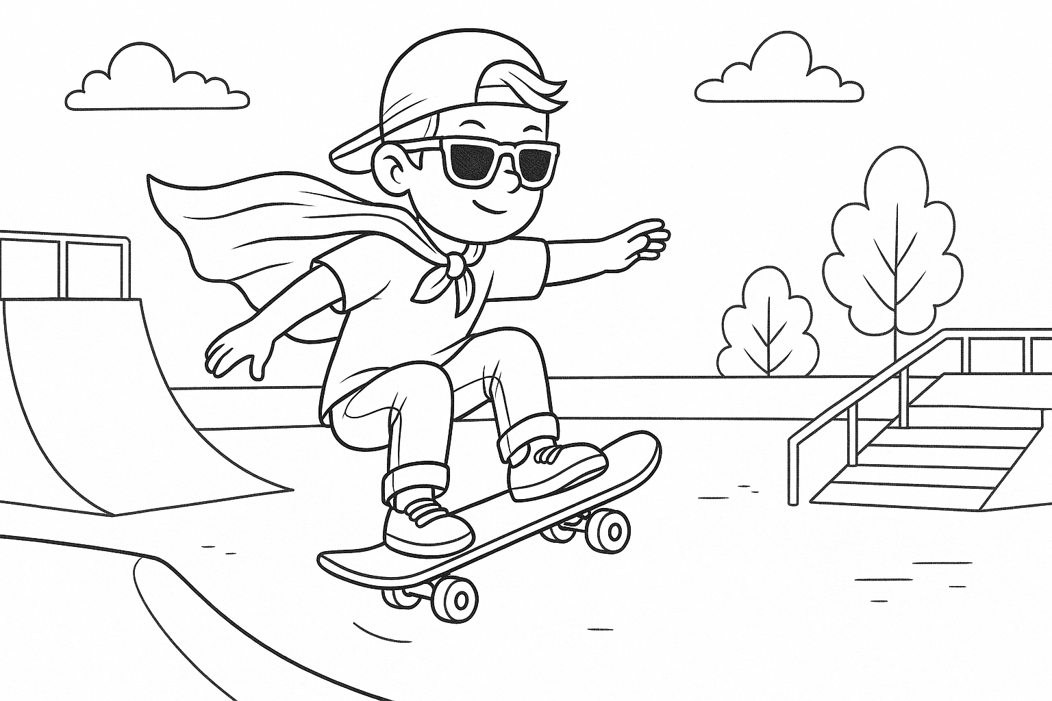 Disegno da colorare skateboard: ragazzo con mantello, salto