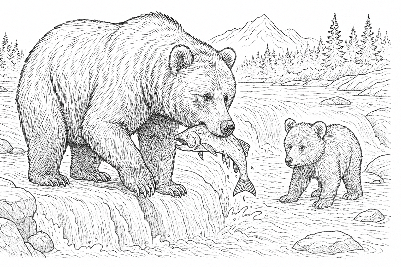 Orso bruno con pesce in bocca – disegno gratuito