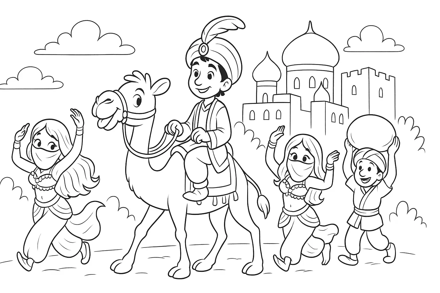 Ausmalbild 1001 Nacht – PDF mit Kamel, Tänzerinnen &amp; Palast