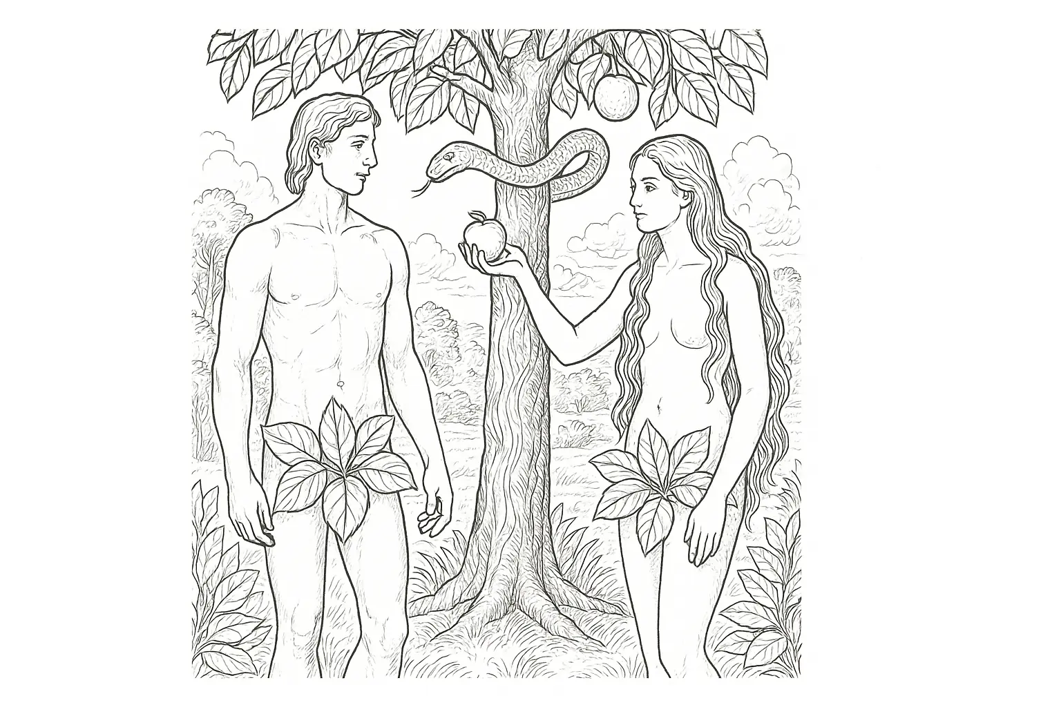 Adam und Eva Ausmalbild – Szene aus dem Garten Eden