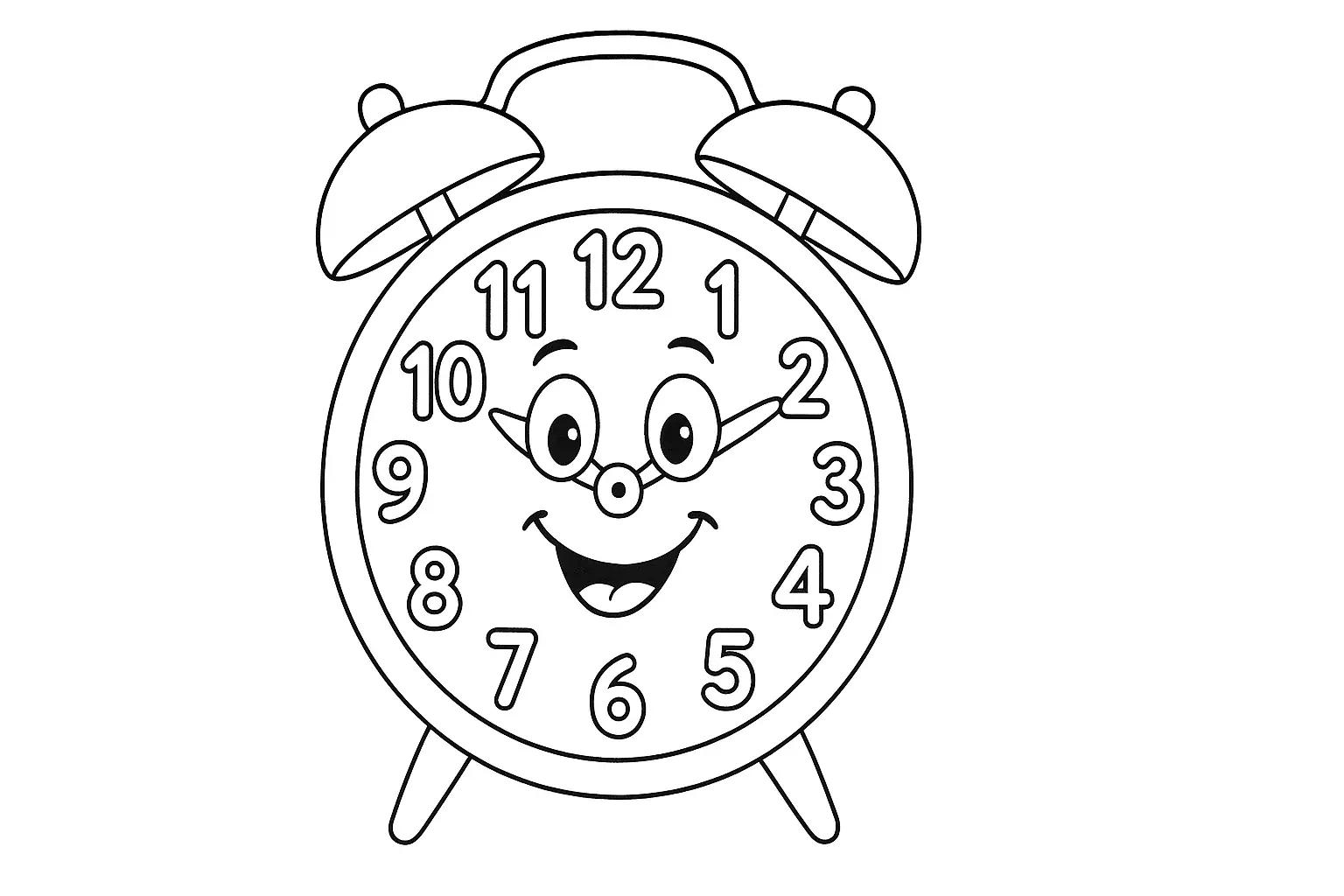 Wecker Ausmalbild – lustige Uhr mit Gesicht als PDF gratis