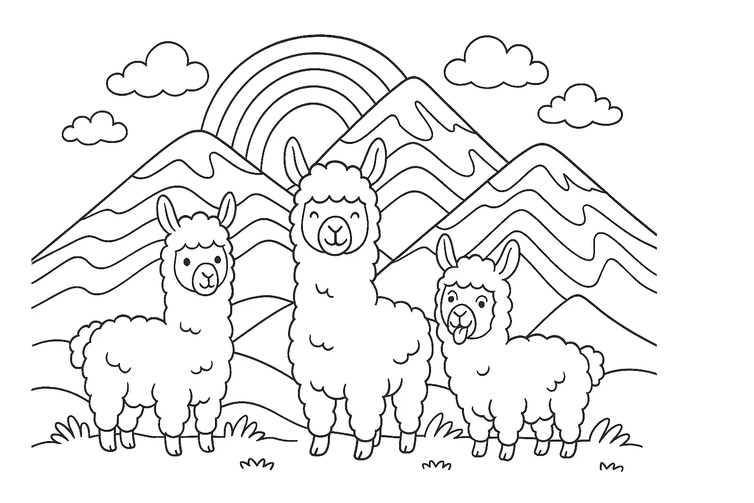 Alpacas Coloring Page: Three Fluffy Animals in the Mountains