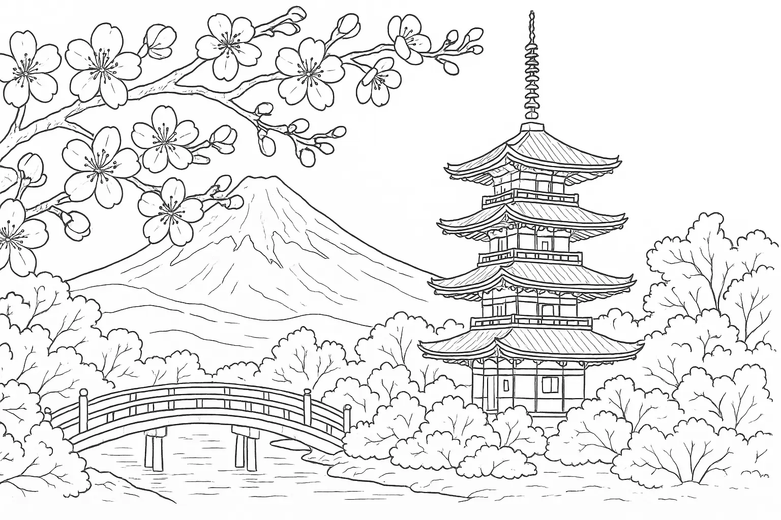 Asiatisches Ausmalbild – Pagode und Kirschblüten malen
