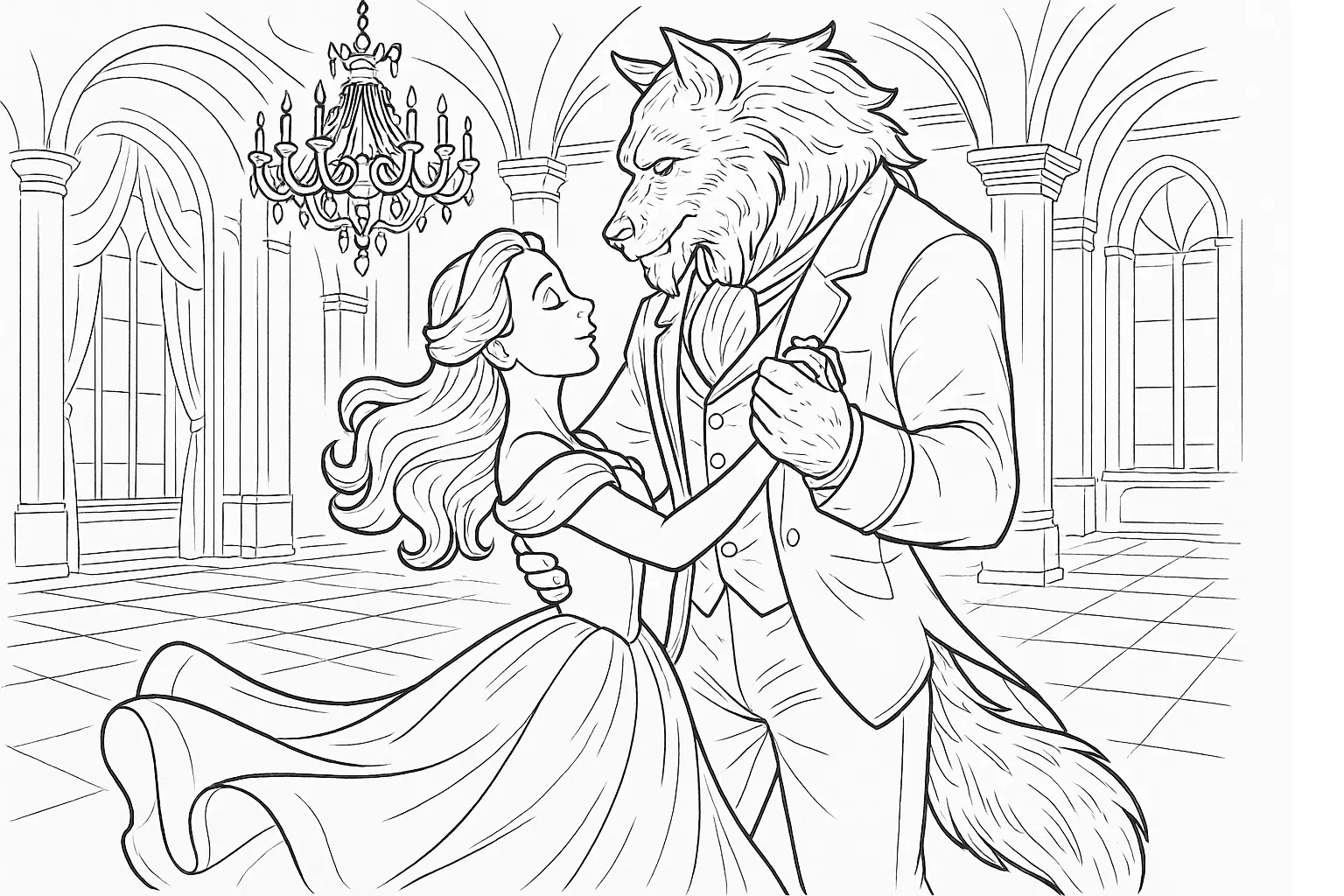 Tanz im Ballsaal – Malvorlage zu Schöne und das Biest
