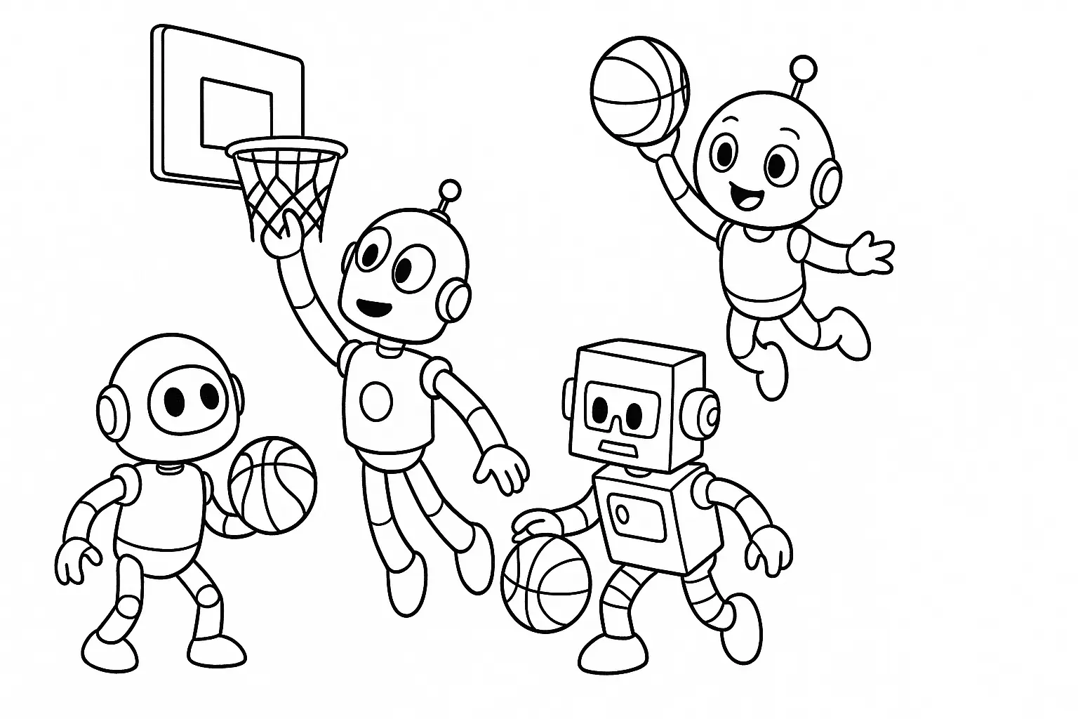 Basketball spielende Roboter – Ausmalbild als PDF downloaden