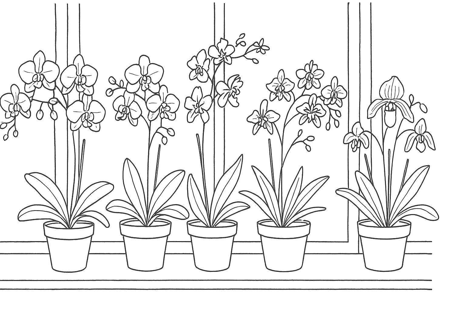 Blühende Zimmerpflanzen – Ausmalbild mit fünf Orchideenarten