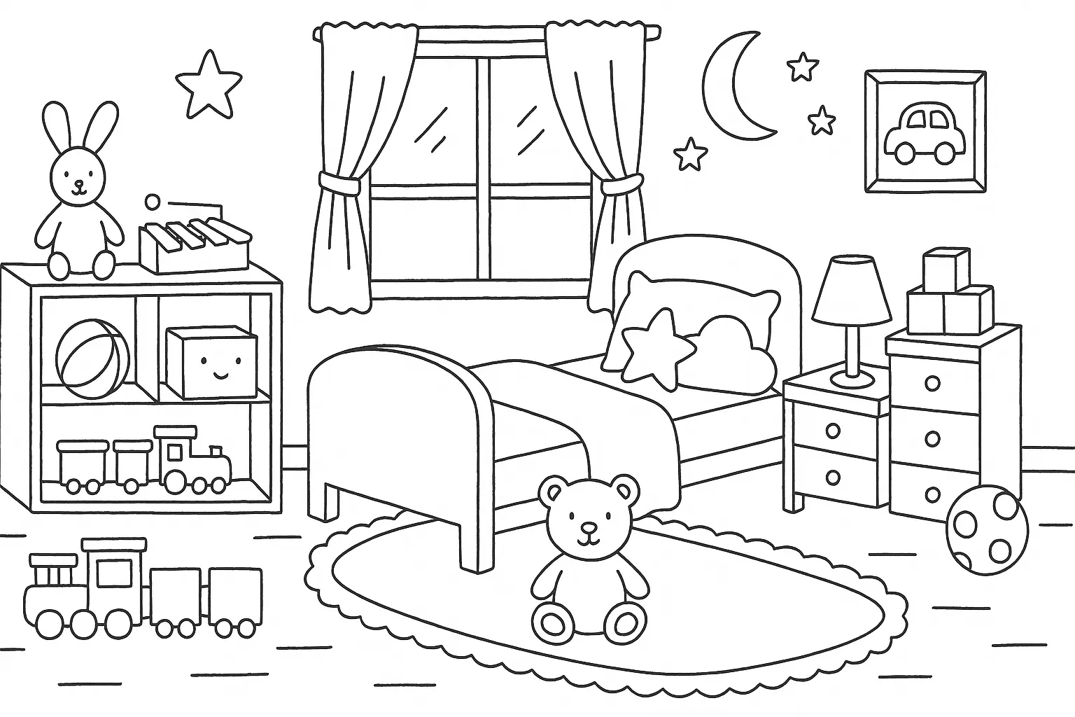 Kinderzimmer bei Nacht – Malvorlage mit Tropenmotiv