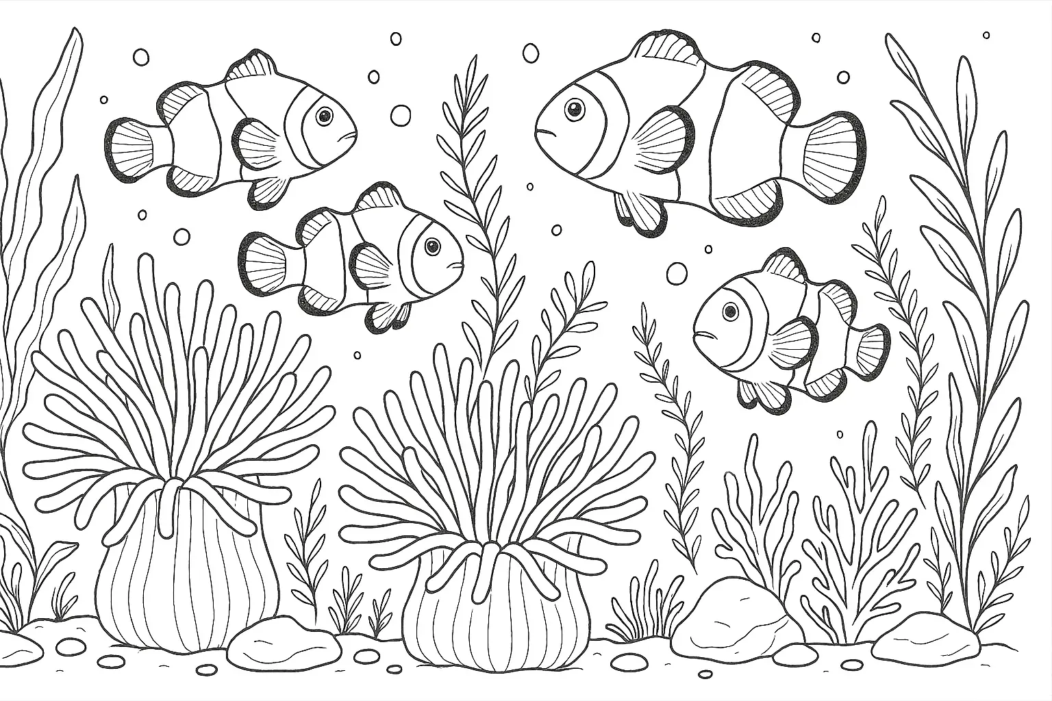 Clownfische im Riff – Ausmalbild mit tropischer Unterwasserwelt