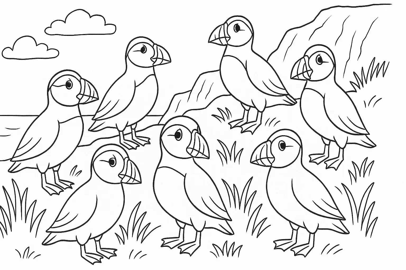 Kolonie am Meer – Papageientaucher als Ausmalmotiv