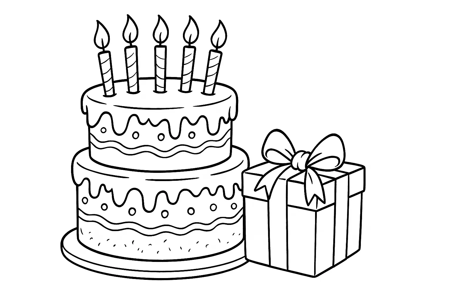 Ausmalbild: Torte mit Kerzen und Geschenk zum Ausdrucken