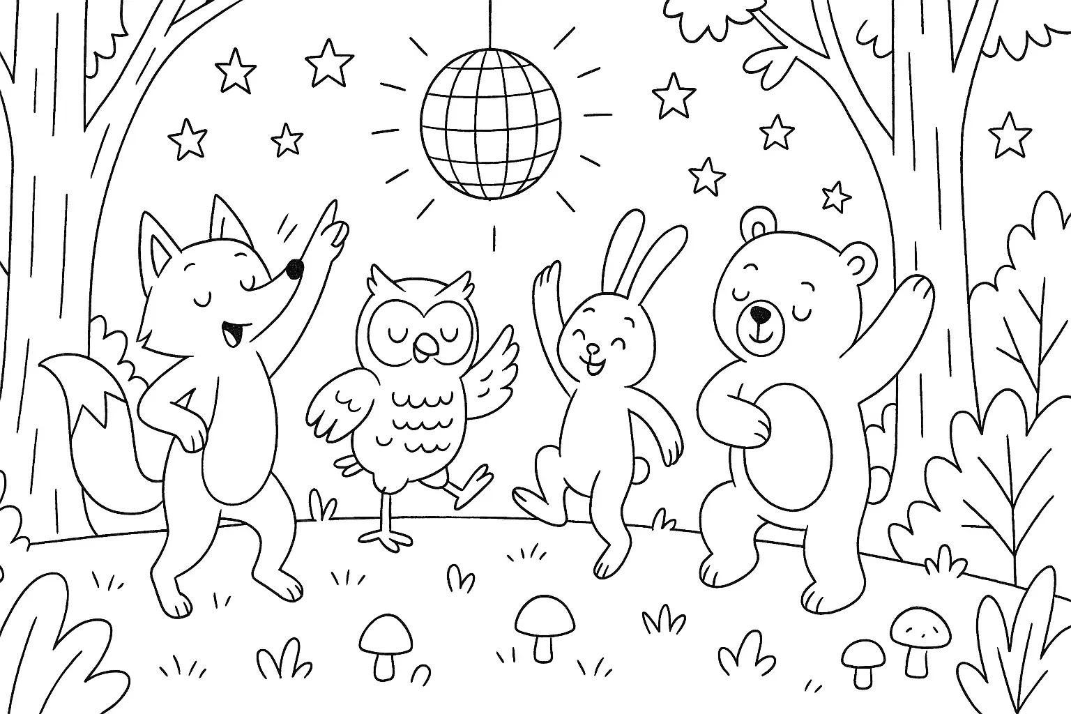 Waldtiere tanzen bei Nacht – jetzt Ausmalbild kostenlos drucken
