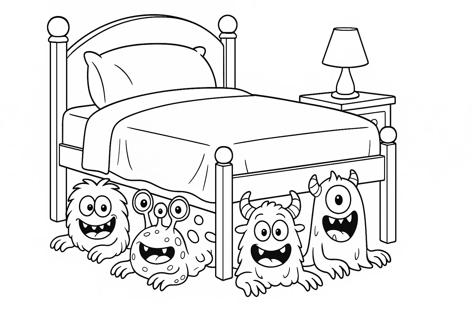 Ausmalbild: Vier Monster unter dem Bett – jetzt herunterladen