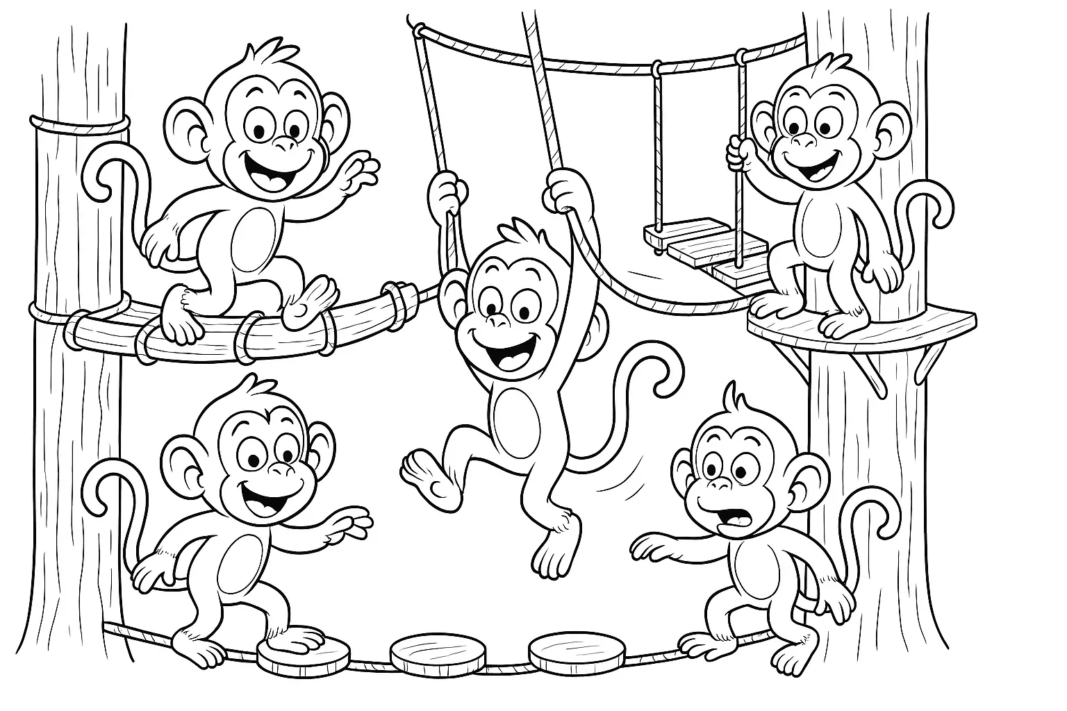 Affen auf einem Kletterparcours – Ausmalbild voller Bewegung
