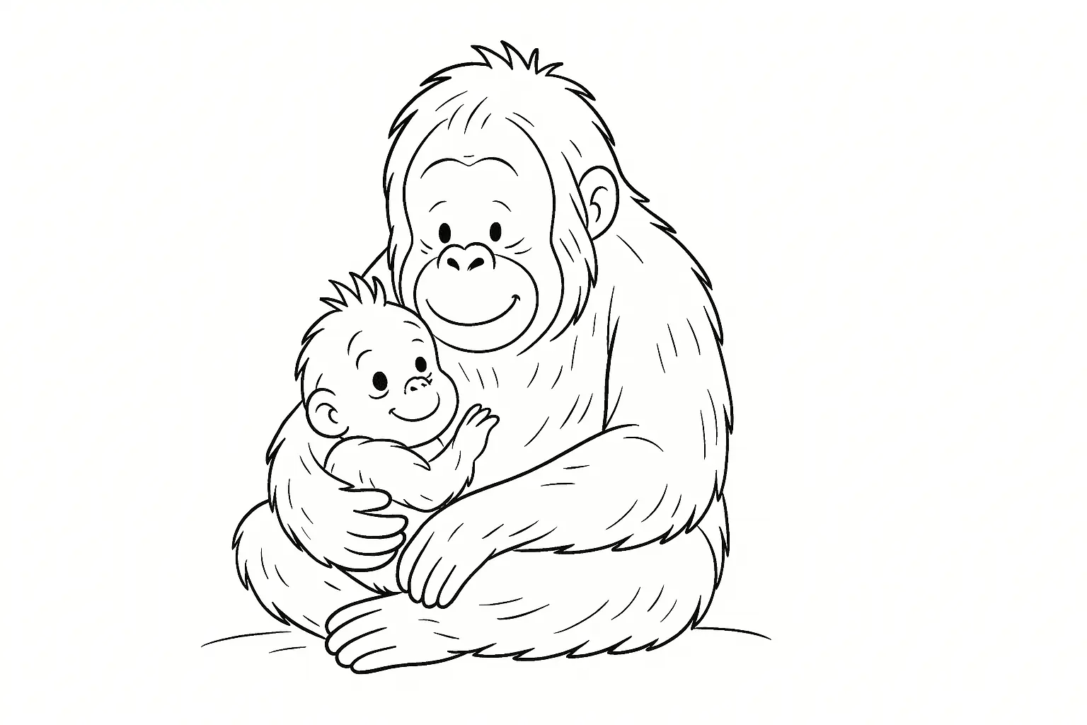 Ausmalbild: Orang-Utan hält sein Junges in den Armen