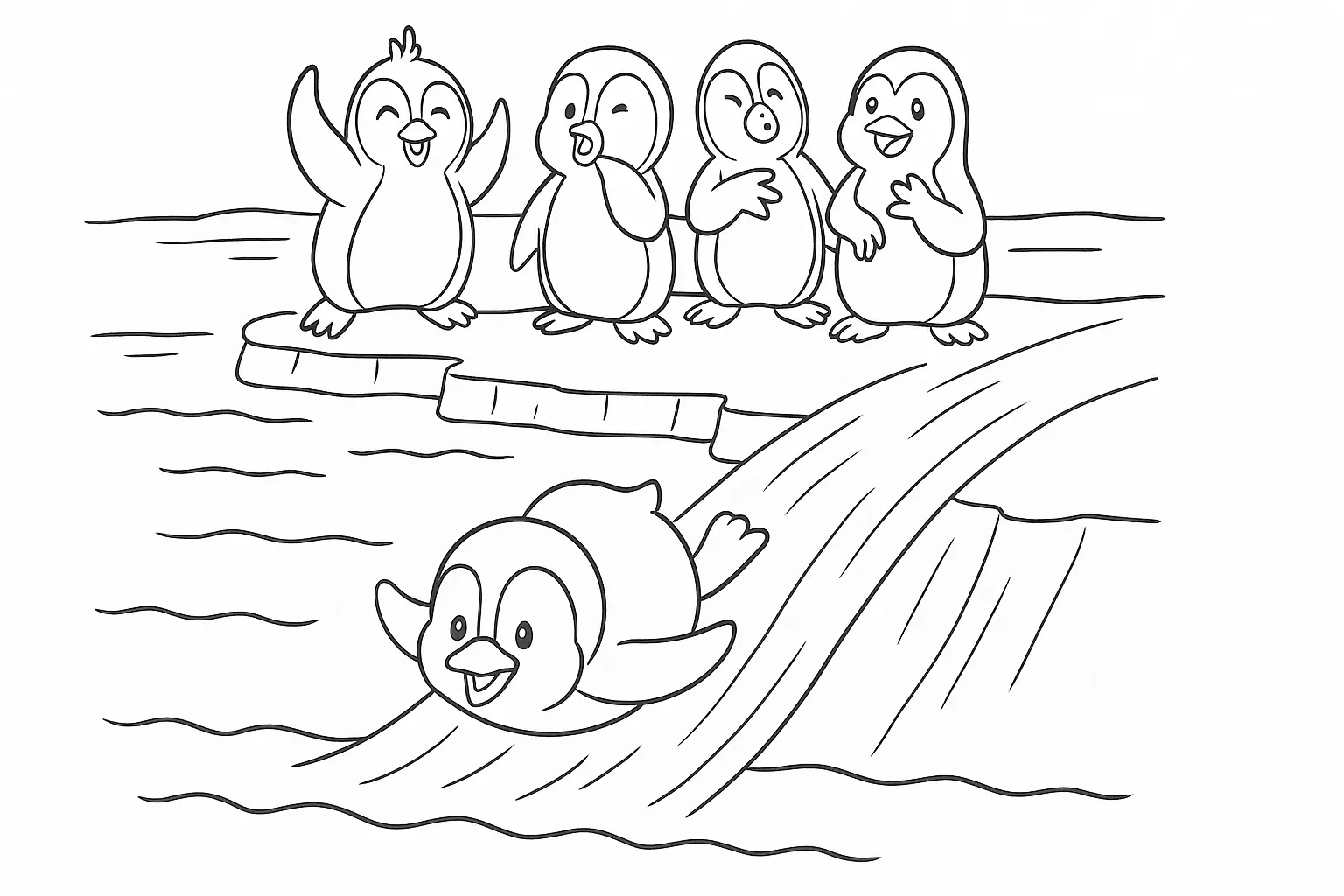 Ausmalvorlage: Pinguine auf dem Eis mit Rutschspaß