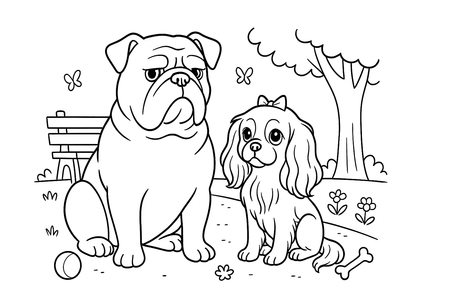 Zwei Hunde im Park – Ausmalbild mit Ball, Bank und Bäumen