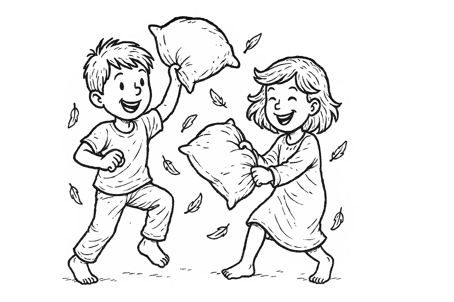 Ausmalvorlage: Zwei Kinder machen Kissenschlacht im Zimmer