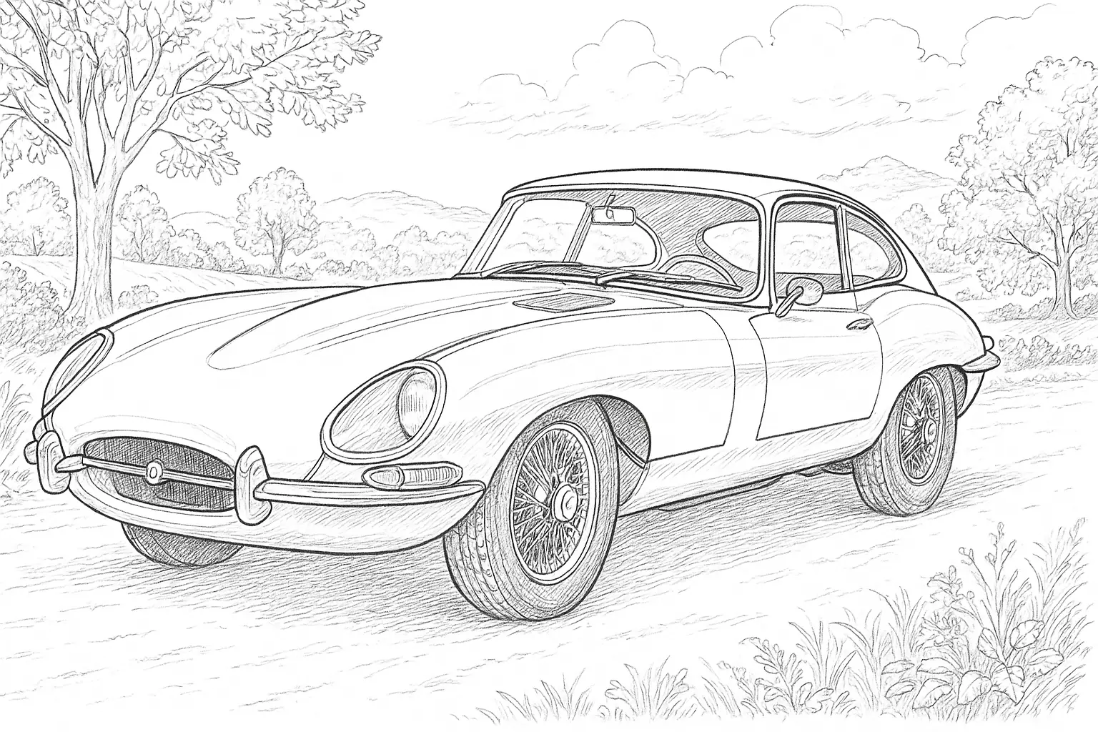 Oldtimer auf Landstraße – klassisches Auto als Ausmalvorlage