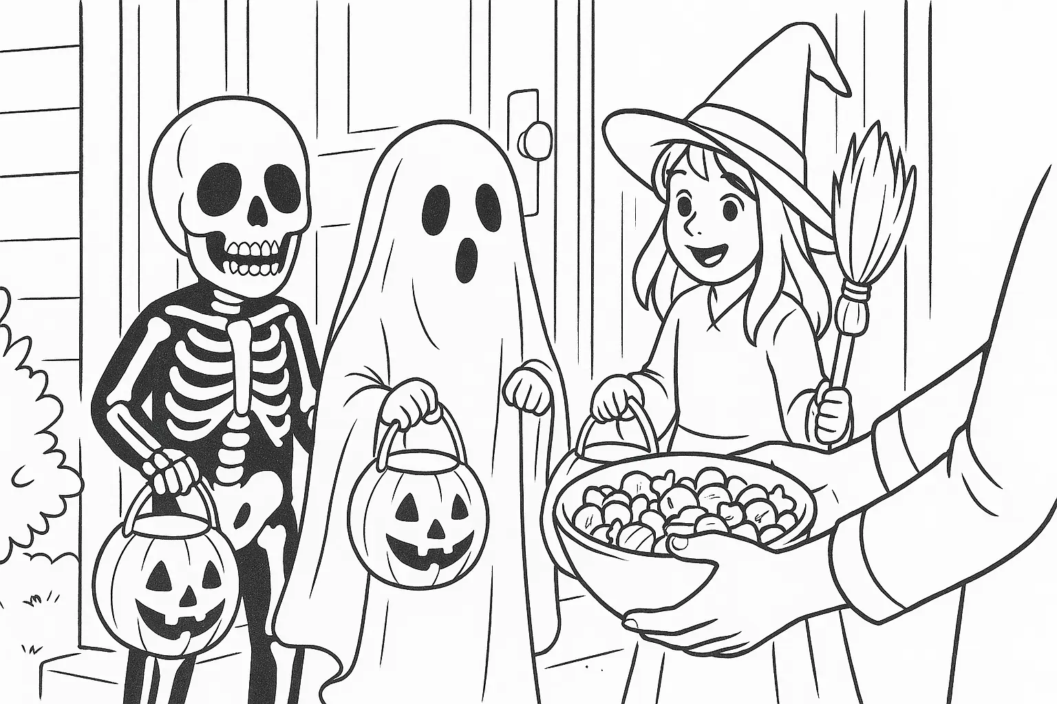 Kostümierte Kinder an der Tür – Halloween-Ausmalbild PDF