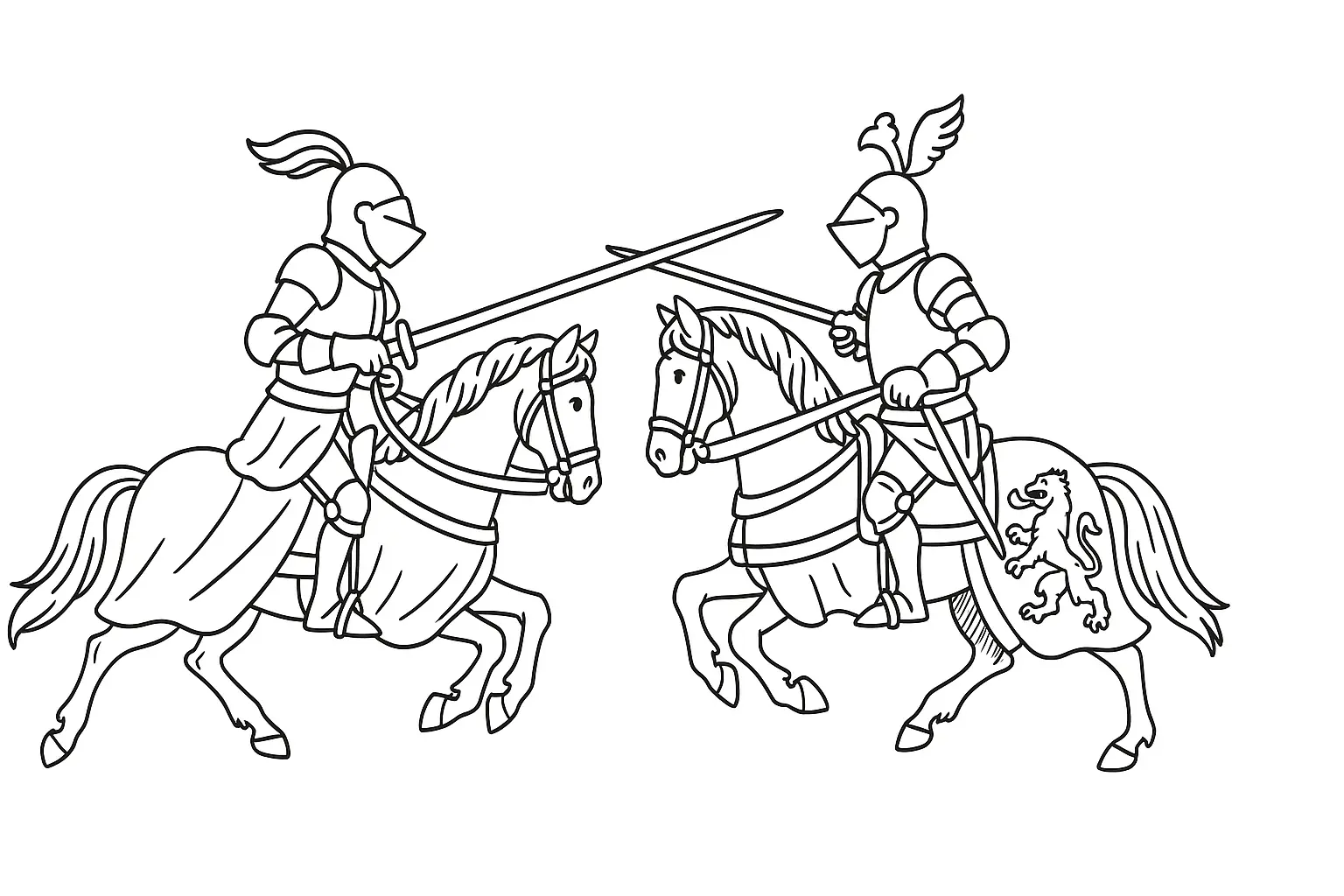 Kreatives Ausmalbild: Ritterduell auf Pferden im Turnier