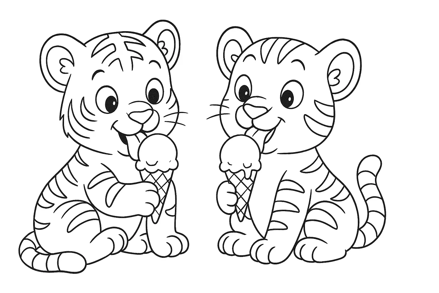 Niedliche Tigerbabys mit Eis als süßes Ausmalbild entdecken
