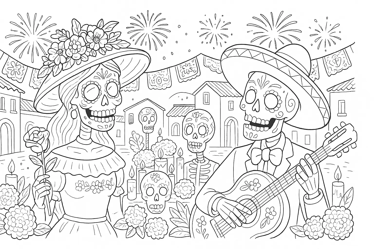 Tag der Toten – Ausmalbild mit Skeletten und Musik