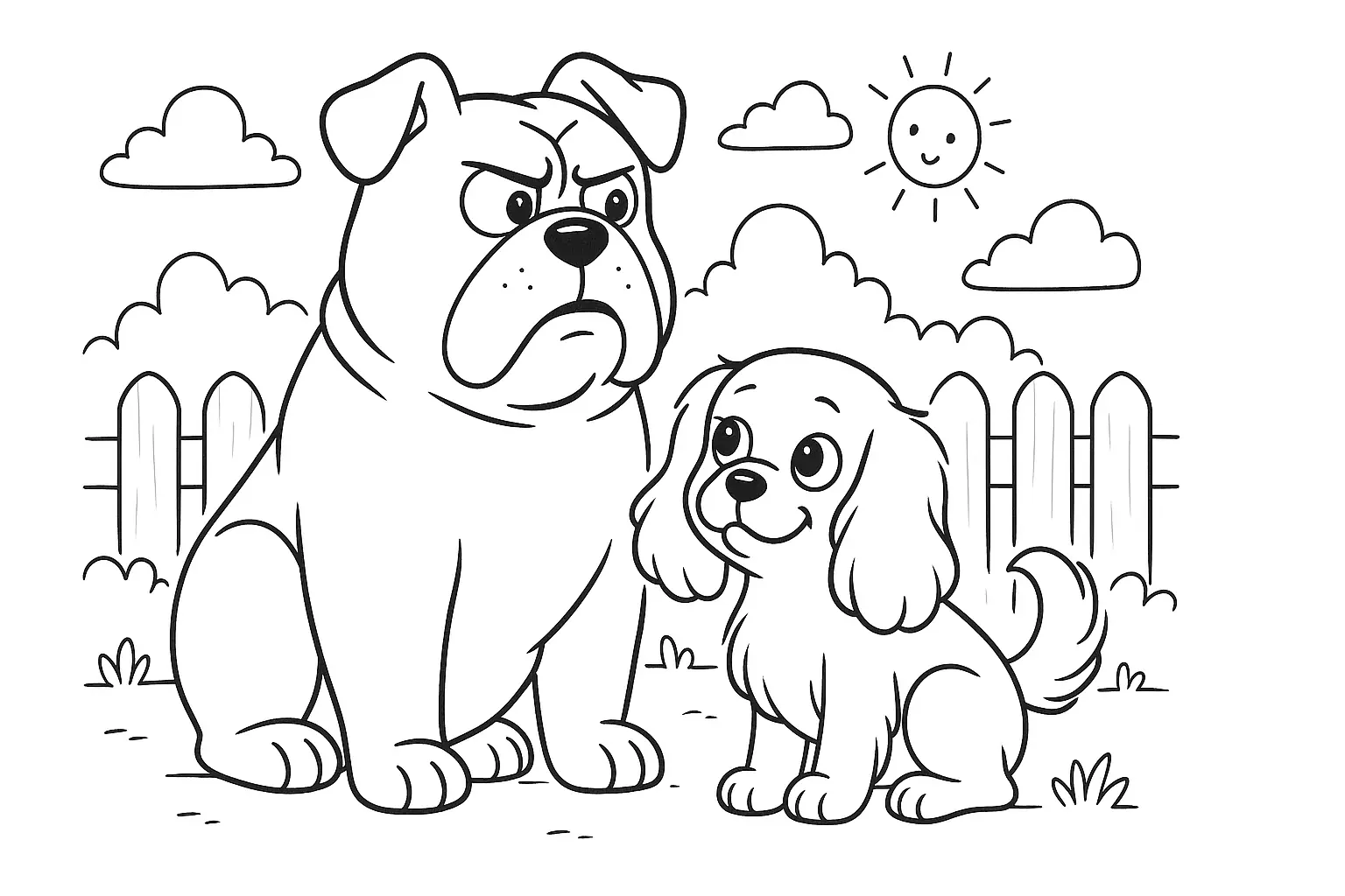 Hunde im Garten – Ausmalbild mit zwei verschiedenen Hunden