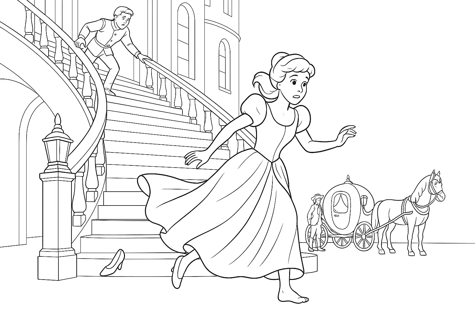 Märchenhafte Malvorlage: Aschenputtel verliert ihren Schuh