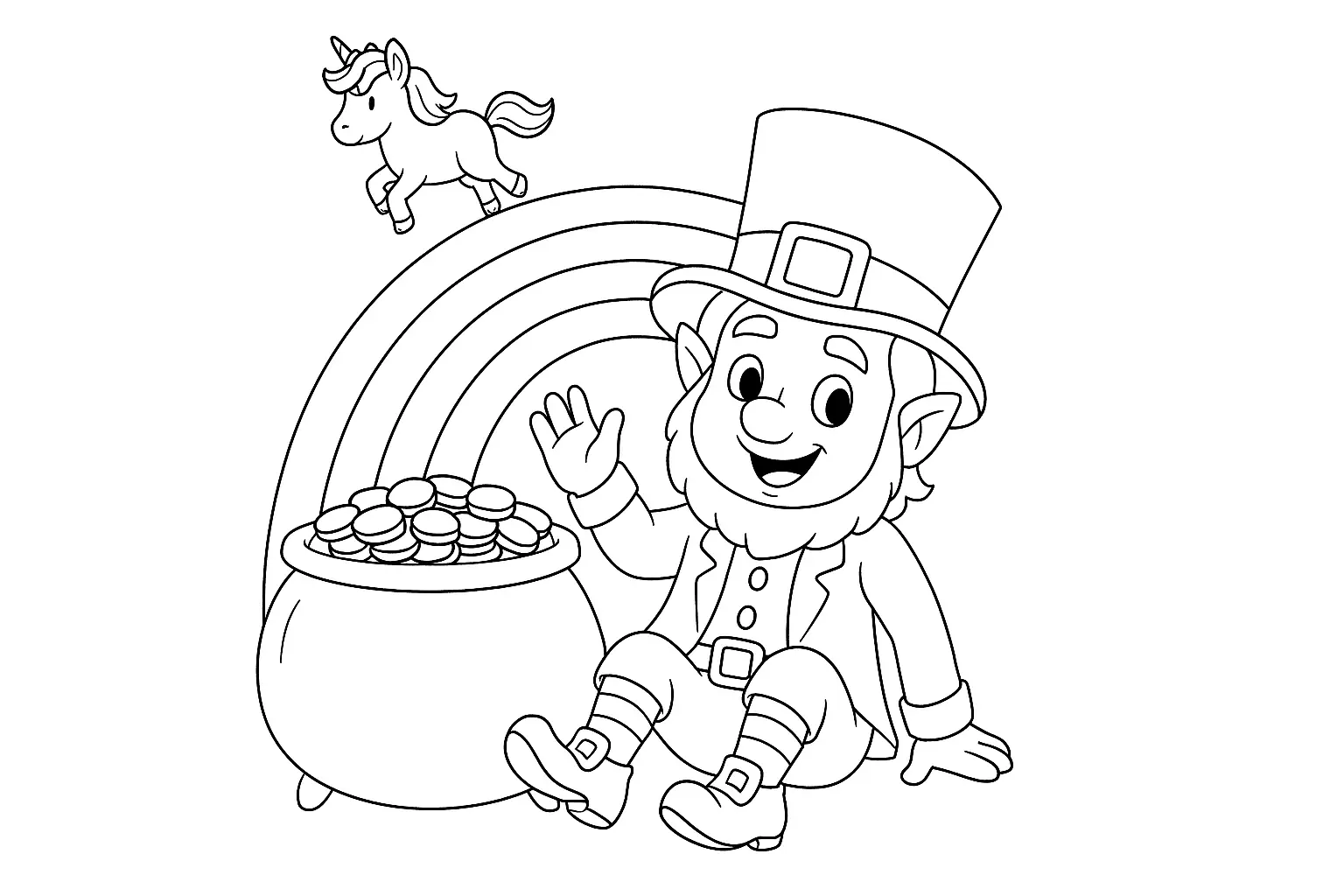 Fantasie-Ausmalbild: Leprechaun, Regenbogen &amp; Einhorn